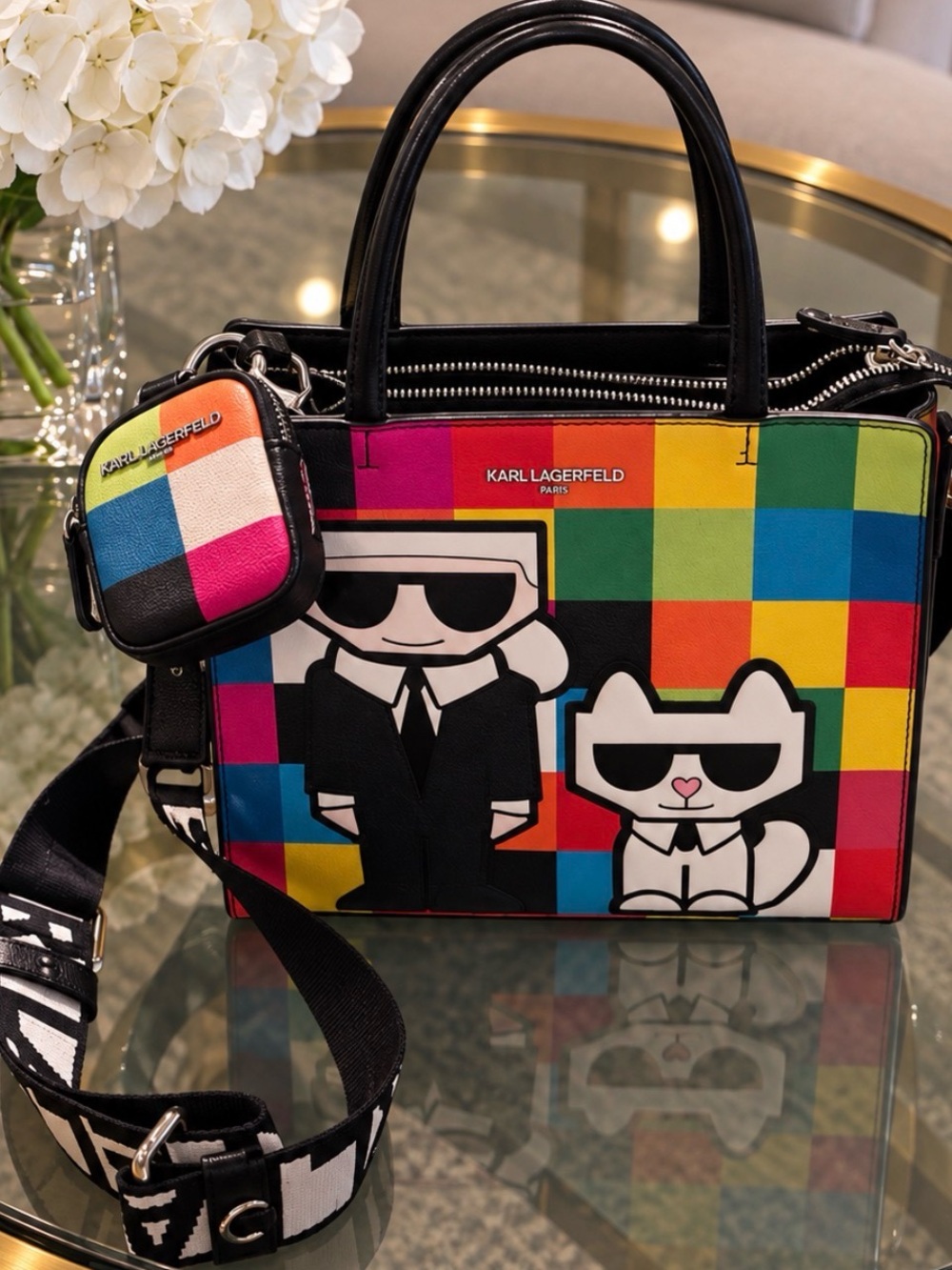 Karl Lagerfeld Multicolor Graphic Satchel with Black Handles